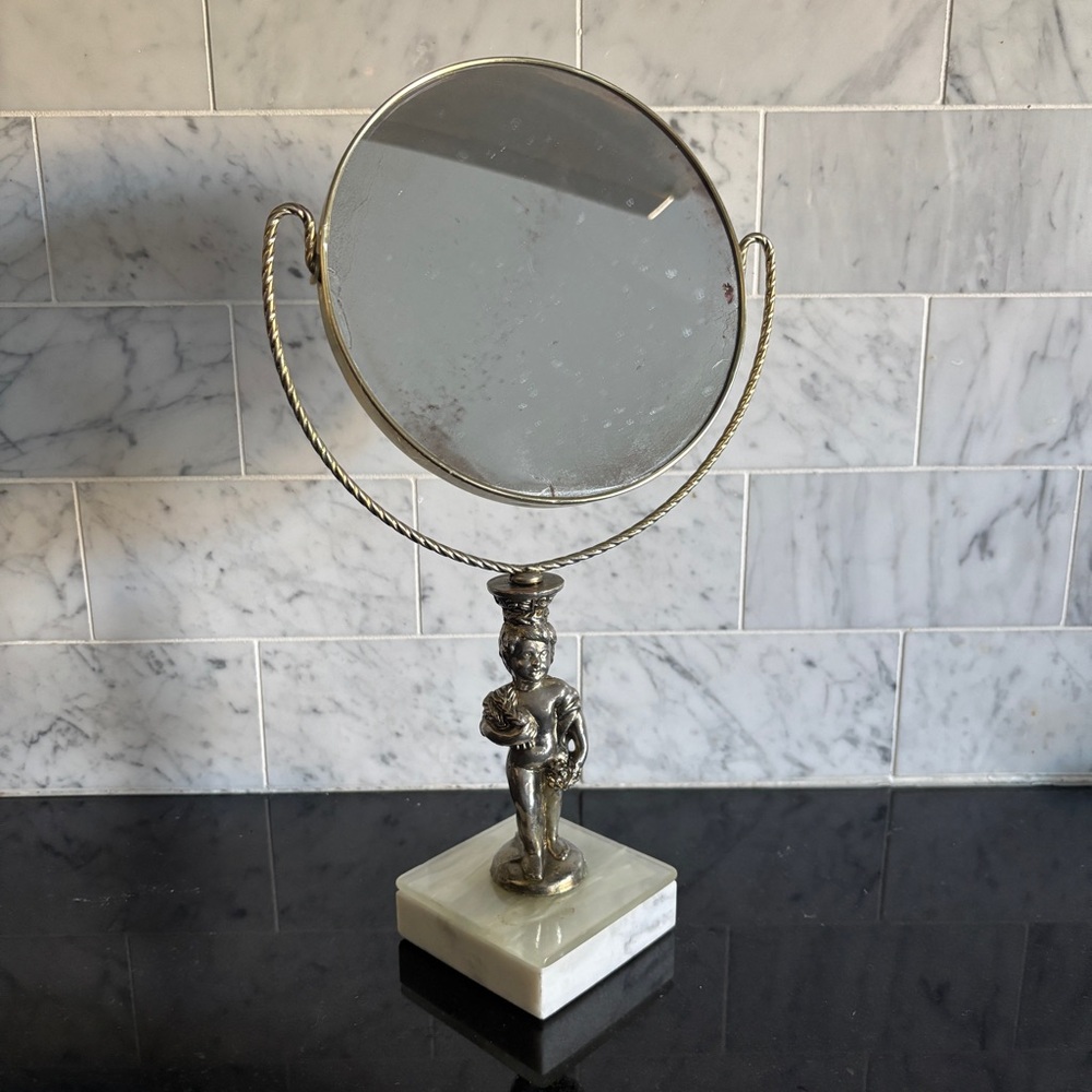 Vintage Hollywood Regency Double Sided Vanity Mirror with Cherub and Stone Base